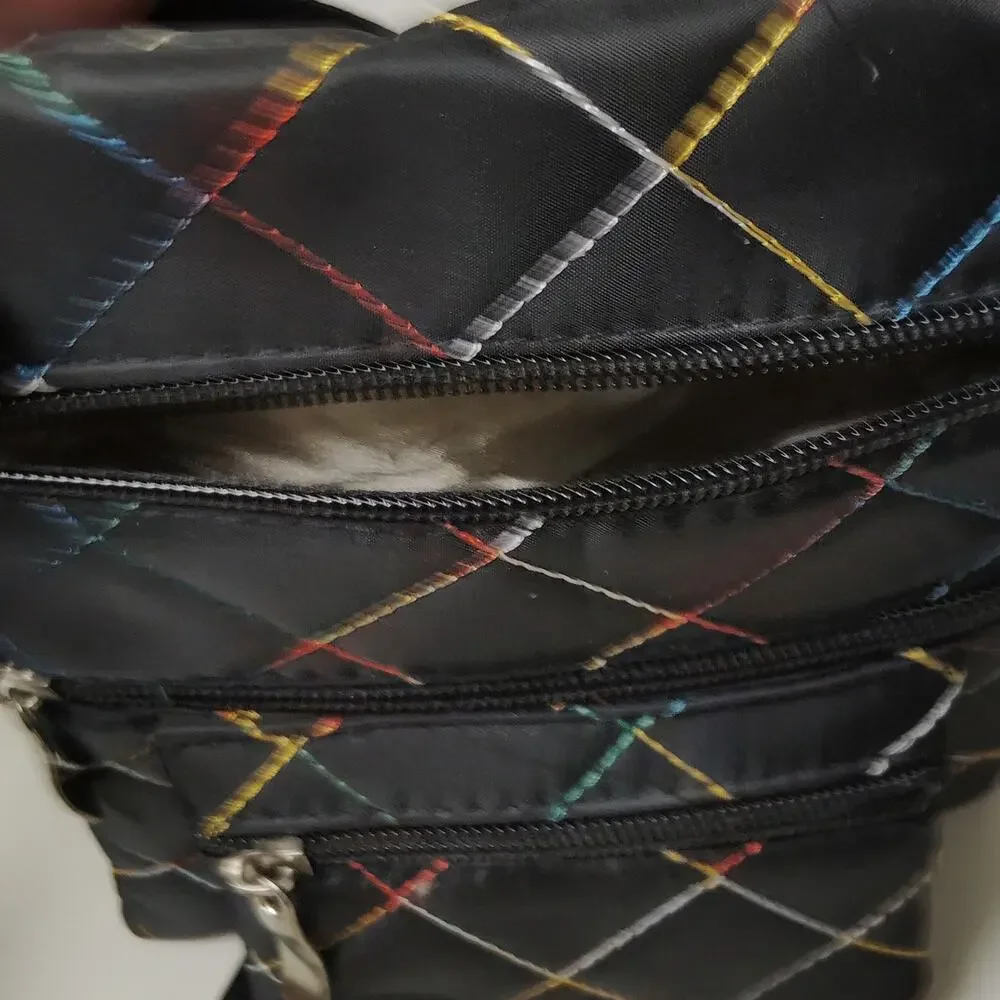 Vintage Black Quilted Crossbody Bag - Colorful Stitching Shoulder Purse 8x6x1.5